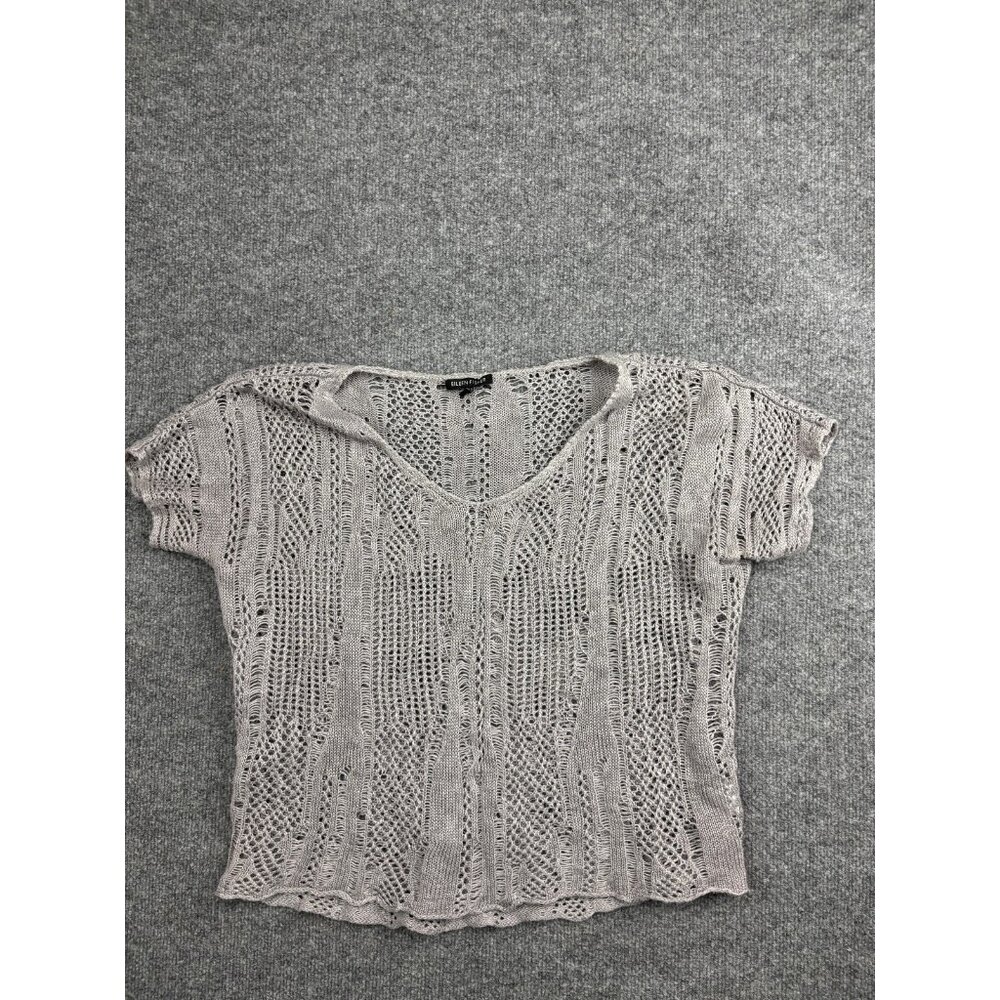 Eileen Fisher Sweater Womens XS Metallic Linen Open Knit V-Neck Short Sleeve